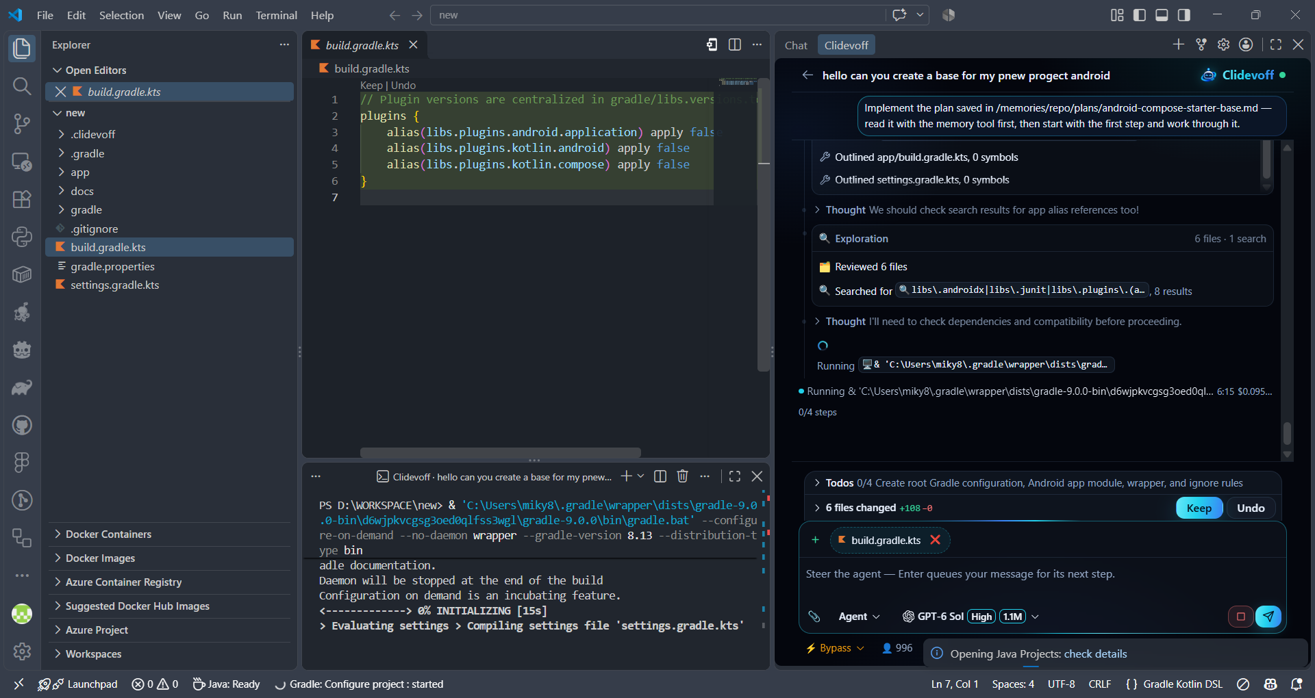 Clidevoff running a task inside VS Code — a live agent turn with file reads, a command in flight, and changed files to keep or undo
