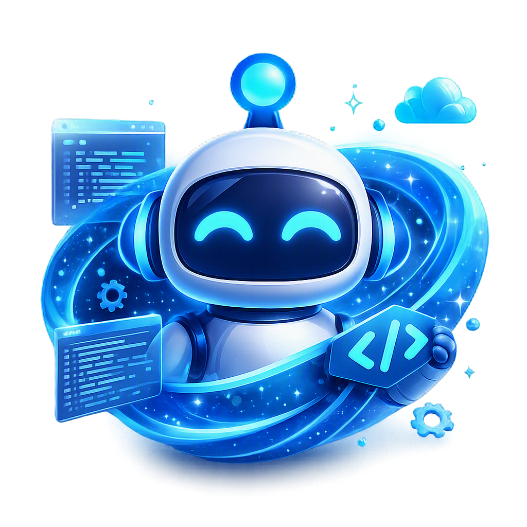 Clidevoff, a friendly robot assistant surrounded by code windows and tool icons